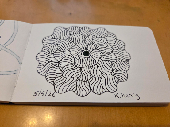 Hand drawn generative/procedural art in ink on an open page of my sketchbook. The abstract pattern is floral.