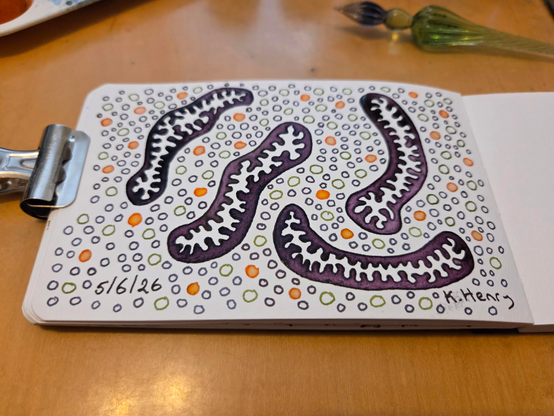 Hand drawn generative/procedural art in ink on an open page of my sketchbook. The abstract drawing looks a bit like a biology illustration with mitochondria and vesicles. 