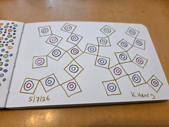 Hand drawn generative/procedural art in ink on an open page of my sketchbook. The abstract pattern looks a bit like a network of squares with nested circles in each square. The squares are connected at corners, but with various angles.