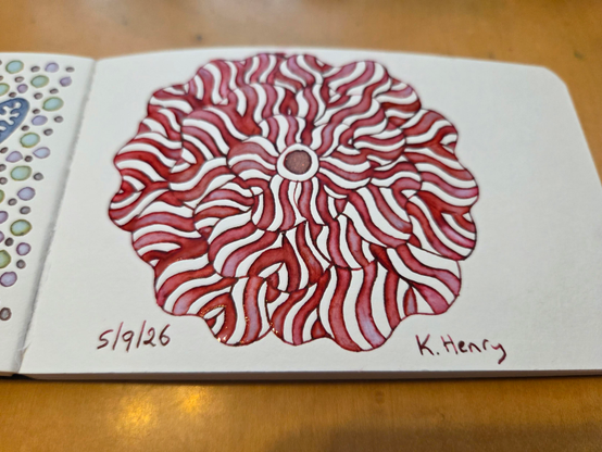 Hand drawn generative/procedural art in ink on an open page of my sketchbook.  The abstract pattern is floral.