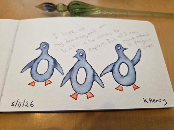 Hand drawn generative/procedural art in ink on an open page of my sketchbook. The abstract art looks like three penguins and some text above them. The text reads "I look at my drawing, and am looking for words to express. But all I can think about is penguin shapes". 