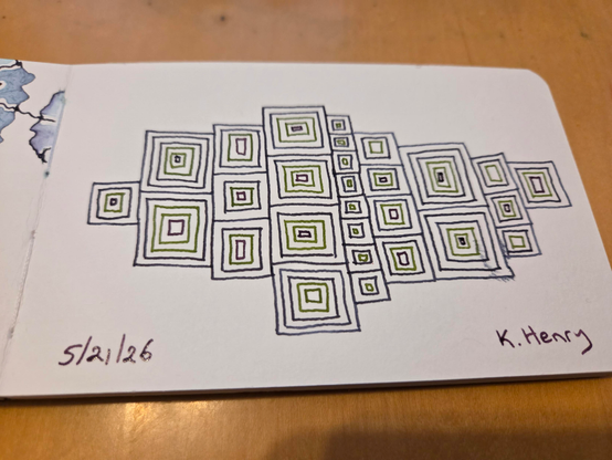 Hand drawn generative/procedural art in ink on an open page of my sketchbook. The abstract pattern is difficult to describe...variously sized boxes, up against each other, with more boxes nested inside of them.