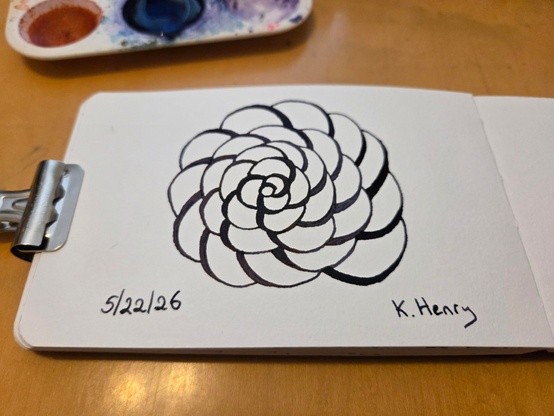 Hand drawn generative/procedural art in ink on an open page of my sketchbook. The abstract pattern looks a bit like the top of a spiral sea shell. A binder clip is holing my sketchbook open.