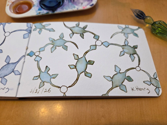 Hand drawn generative/procedural art in ink on an open page of my sketchbook. The abstract pattern looks a bit like a network of plesiosaurs. My glass dipping pen is next to my sketchbook.