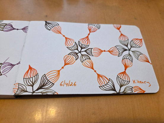 Hand drawn generative/procedural art in ink on an open page of my sketchbook. The abstract pattern looks a bit like a network diagram with organic flower-like shapes. It's difficult to describe.