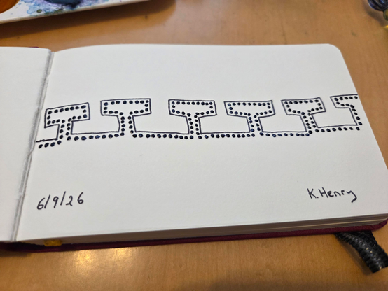 Hand drawn generative/procedural art in ink on an open page of my sketchbook. The abstract pattern is geometric with tiny dots along the lines.