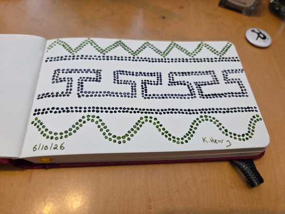 Hand drawn generative/procedural art in ink on an open page of my sketchbook. The abstract pattern is inspired by ancient Etruscan gold-work.