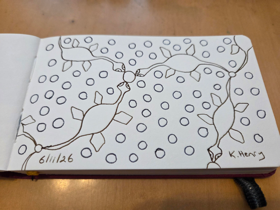 Hand drawn generative/procedural art in ink on an open page of my sketchbook. The abstract pattern looks a bit like networked plesiosaur shapes surrounded by bubbles.