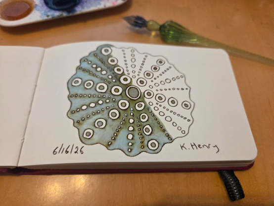 Hand drawn generative/procedural art in ink on an open page of my sketchbook. The abstract pattern looks a bit like a sea urchin. My glass dipping pen is next to my sketchbook. 