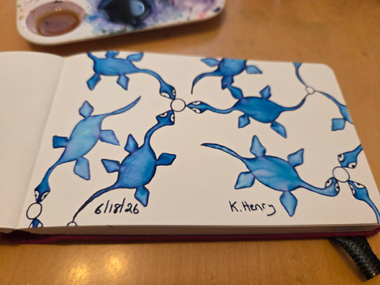 Hand drawn generative/procedural art in ink on an open page of my sketchbook. The abstract pattern looks kinda like a bunch of plesiosuars. 