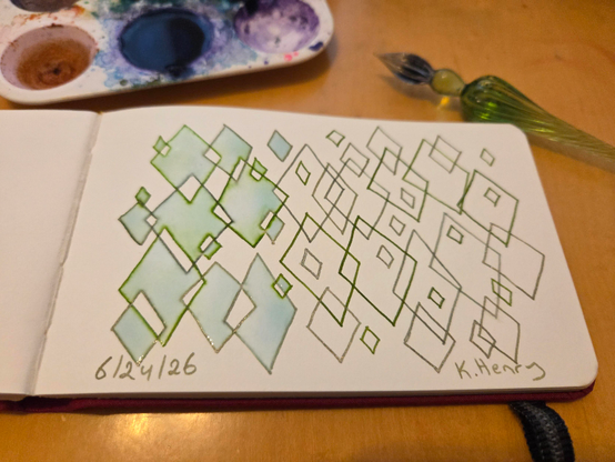 Hand drawn generative/procedural art in ink on an open page of my sketchbook. The abstract pattern has overlapping diamond shapes in different shades of algae green inks.