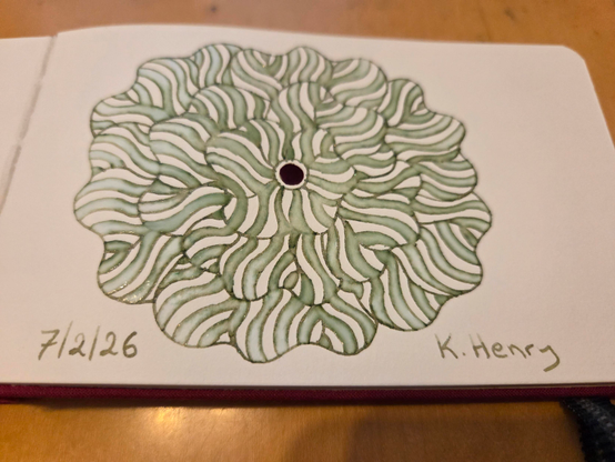 Hand drawn generative/procedural art in ink on an open page of my sketchbook. The abstract pattern is floral.
