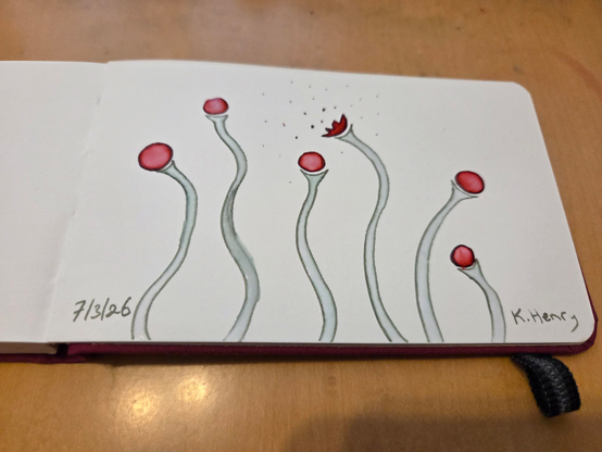 Hand drawn generative/procedural art in ink on an open page of my sketchbook. The abstract pattern looks a bit like tiny simple fungi, and one of them seems to be in the middle of releasing its spores.