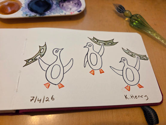 Hand drawn generative/procedural art in ink on an open page of my sketchbook. The abstract pattern looks a bit like three penguins holding up Klingon Batleths above their heads. My glass dipping pen is next to my sketchbook.
