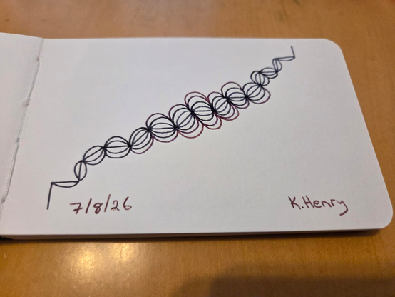 Hand drawn generative/procedural art in ink on an open page of my sketchbook. The abstract pattern looks a bit like and earthworm with a weight problem or a broken hair scrunchi. 
