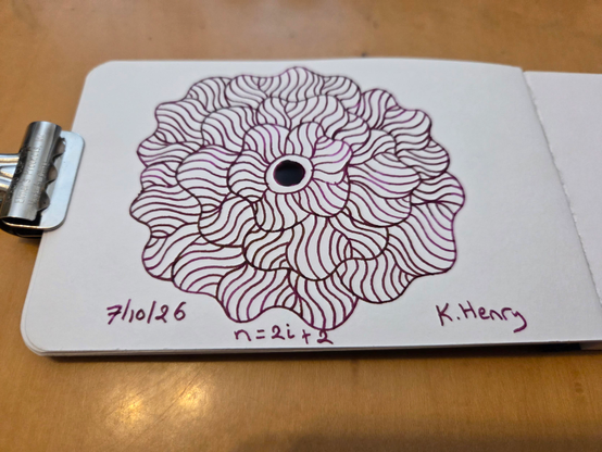 Hand drawn generative/procedural art in ink on an open page of my sketchbook. The abstract pattern is floral. A binder clip is holding the sketchbook open.