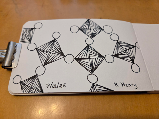 Hand drawn generative/procedural art in ink on an open page of my sketchbook. The abstract pattern had some squares connected by circles. It's difficult to describe.