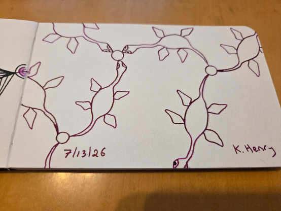 Hand drawn generative/procedural art in ink on an open page of my sketchbook. The abstract pattern looks a bit like a network of plesiosaurs.