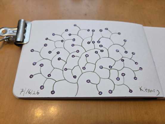 Hand drawn generative/procedural art in ink on an open page of my sketchbook. The abstract pattern looks a bit like a plant with flowers.