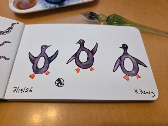 Hand drawn generative/procedural art in ink on an open page of my sketchbook. The abstract pattern looks like three penguins and a small soccer ball.