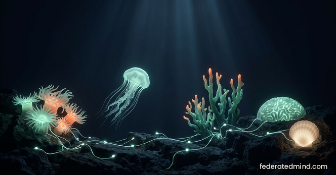 A bioluminescent deep-sea reef where different glowing organisms represent fediverse platforms all connected by light filaments running through a shared seafloor substrate
