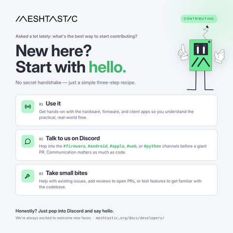 Here is the alt text converted into a single, clean paragraph:  Infographic titled "Meshtastic: New here? Start with hello. No secret handshake - just a simple three-step recipe." A green robot graphic points to three numbered steps. Step 1: Use it: Get hands-on with the hardware, firmware, and client apps so you understand the practical, real-world flow. Step 2: Talk to us on Discord: Hop into the #firmware, #android, #apple, #web, or #python channels before a giant PR. Communication matters as much as code. Step 3: Take small bites: Help with existing issues, add reviews to open PRs, or test features to get familiar with the codebase. Text at the bottom reads: "Honestly? Just pop into Discord and say hello. We're always excited to welcome new faces" with the link meshtastic.org/docs/developers/