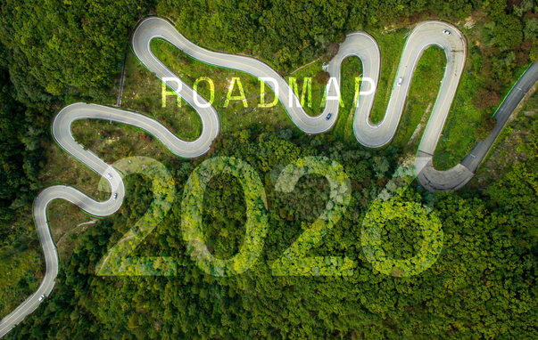 A bird's-eye view of a winding road through a green forest, with the year 2026 displayed transparently.