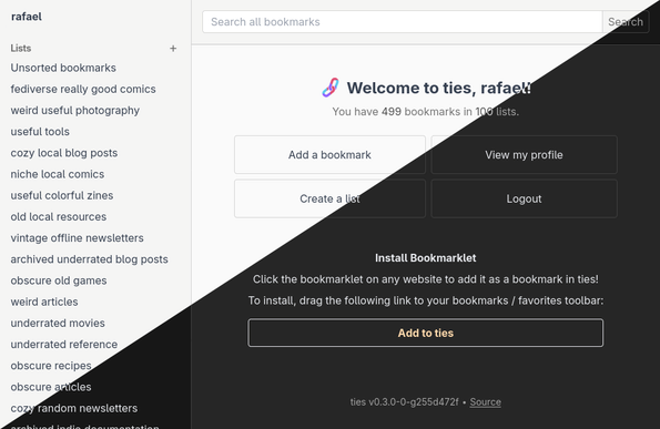 Screenshot of the ties home screen, with one half of the image showing the light mode, and the other half the dark mode.