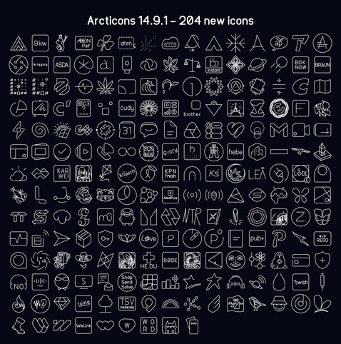 Visual changelog with all the new app icons in a line style. At the top is the text "Arcticons 14.9.1 - 204 new icons"