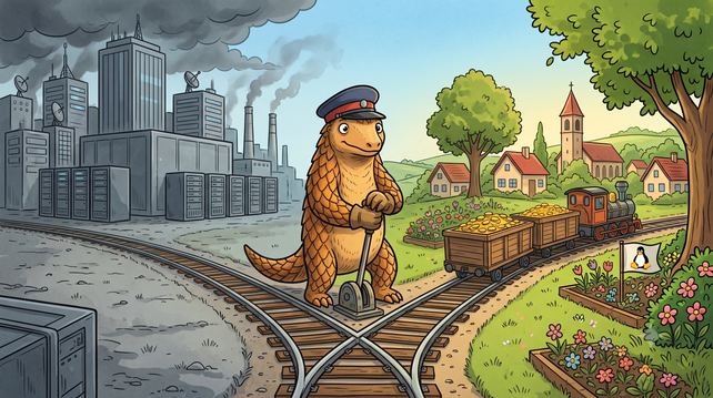 Cartoon-Illustration: Ein Pangolin mit dunkelblauer Eisenbahner-Mütze und Arbeitshandschuhen steht an einer Weiche und stellt den Hebel um. Das linke Gleis führt in eine graue, düstere Stadt aus Hochhäusern, Serverschränken und rauchenden Schornsteinen unter dunklen Wolken. Das rechte Gleis führt in ein sonniges grünes Dorf mit Kirchturm, roten Dächern und blühenden Gärten – dorthin fährt eine kleine Dampflok mit zwei Waggons voller Goldmünzen. Im Blumenbeet steht eine kleine Fahne mit dem Linux-Pinguin Tux. Metapher: Öffentliche IT-Budgets von Big Tech zum europäischen Open-Source-Ökosystem umlenken.