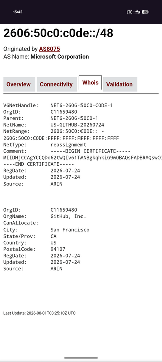 Screenshot of the text at https://bgp.tools/prefix/2606:50c0:c0de::/48#whois