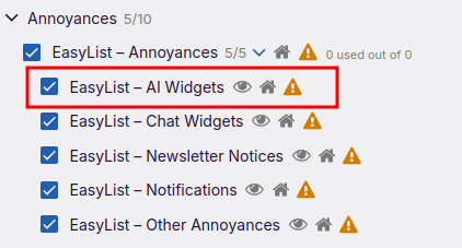 Screenshot of uBlock origin preferences showing the expanded EasyList Annoyances section with the AI Widgets option highlighted