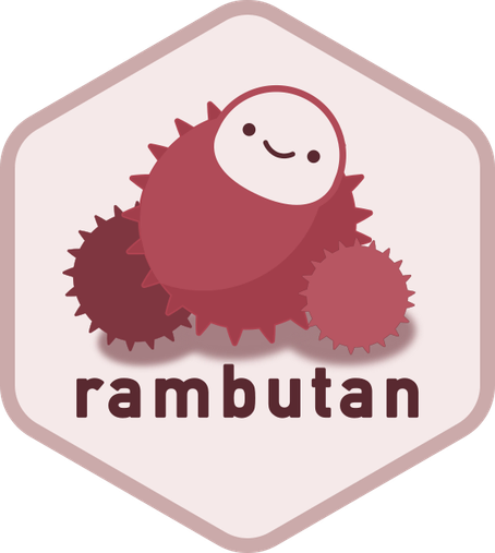 The rambutan R package hex logo. Three spiky rambutan fruits in shades of maroon and dusty pink sit inside a pale pink hexagon; the largest is half-peeled to reveal a smiling white face. The word "rambutan" runs across the bottom in rounded dark red letters.
