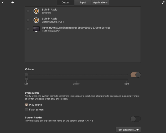 Screenshot of Elementary OS' sound settings, showing no output selected.
