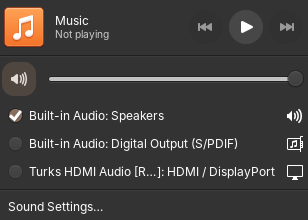 Screenshot of Elementary OS' sound settings from the top right drop down tab, incorrectly showing the built-in speakers being selected.