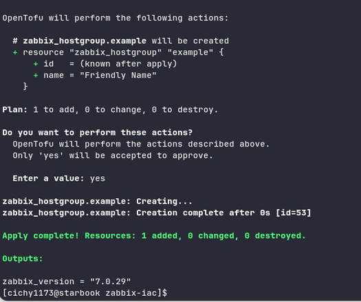 example hostgroup created with Zabbix Terraform Provider. Output confirms this is Zabbix 7.0.29