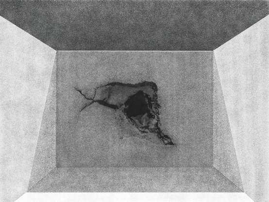 Français :

Cette image en noir et blanc présente une perspective fuyante vers le centre, évoquant une boîte ou un tunnel. Les parois sont d'un gris texturé, plus foncé en haut, s'éclaircissant vers le bas et sur les côtés fuyants. Au centre de la paroi du fond, une forme irrégulière de couleur gris moyen est marquée d'un point noir central et de lignes sombres rayonnantes, suggérant une fissure ou une déformation. L'ensemble a une texture granuleuse uniforme.

English:

This black and white image displays a central, receding perspective, resembling a box or tunnel. The walls are a textured grey, darker at the top, lightening towards the bottom and the receding sides. At the center of the back wall, an irregular medium grey shape features a central black dot and dark radiating lines, suggesting a crack or deformation. The entire composition has a uniform grainy texture.