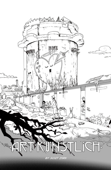 Comic panels out of ART KÜNSTLICH #2: an establishing shot of the round giant tower called Flakturm at Vienna's Augarten, a boy greets a woman in front of it