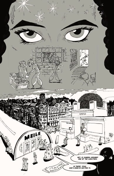 Comic panels out of ART KÜNSTLICH #2, big female eyes with stars blinking over them look at us, a punk woman is annoyed and runs around at book stores, and asks about a person named Sandra at a tube shaped museum called MEILE in front of the Sezession Wien (in the future).
