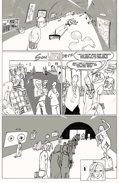 Comic panels out of ART KÜNSTLICH #2, a woman with a book in hand walks through an odd gallery of the future with odd art hanging and standing everywhere.