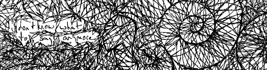Detail of a line drawing in black and white by lieven. It's chaotic with lines forming small shapes transforming into larger shapes, including a spiral and a bust of a human figure. The shapes are not immediately clear. The words "I don't know what to say anymore" are also in the drawing. No AI.