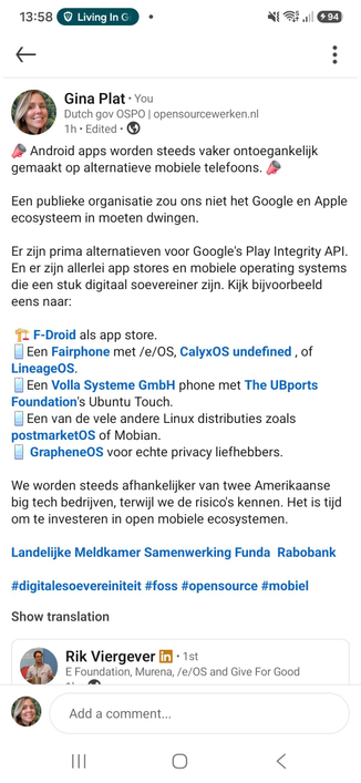 My reposting Riks post on Linkedin, with a call for alternatives in the mobile ecosystem, with several alternatives mentioned from app store to OS's.