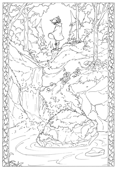 An ink drawing of a hill in the forest, where a river is flowing down in a small waterfall to pool into a pond. An elf in a cloak is standing atop the hill, watching the gurgling spring.