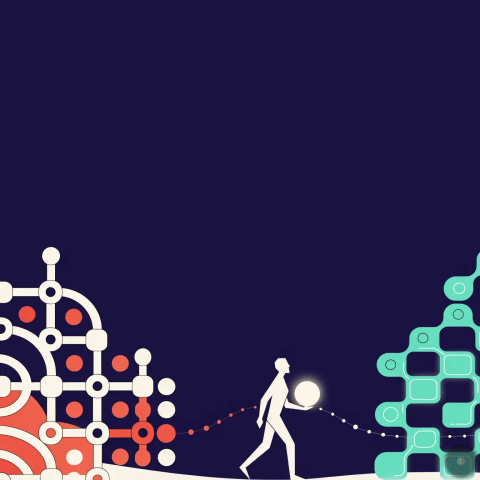 A figure crosses a dark navy field carrying a glowing account avatar, leaving a coral cluster of network nodes for a mint-green cluster, with a dotted trail between them.