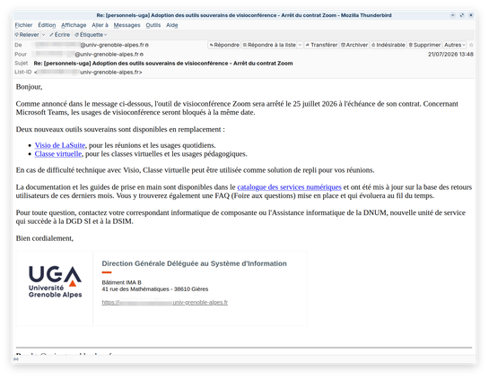 Le mail d'annonce de la migration, au nom de la souveraineté numérique.