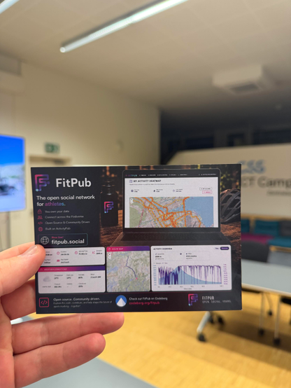 A hand holding a FitPub flyer. The left side reads FitPub, the open social network for athletes, with four points: you own your data, connect across the Fediverse, open source and community driven, built on ActivityPub, and a badge reading now live at fitpub.social. The right side shows screenshots of the app: an activity heatmap over a city, a route map, activity statistics including distance, duration and elevation, weather conditions, and an elevation and pace chart. The bottom of the flyer invites people to check out FitPub on Codeberg. The CSS ICT Campus sign is visible blurred in the background."