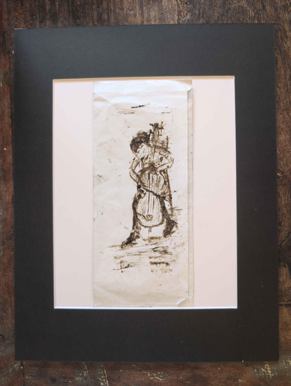Black and white sketching of young girl with cello sitting and practicing her bow technique. Made with THC resin using scrap paper.