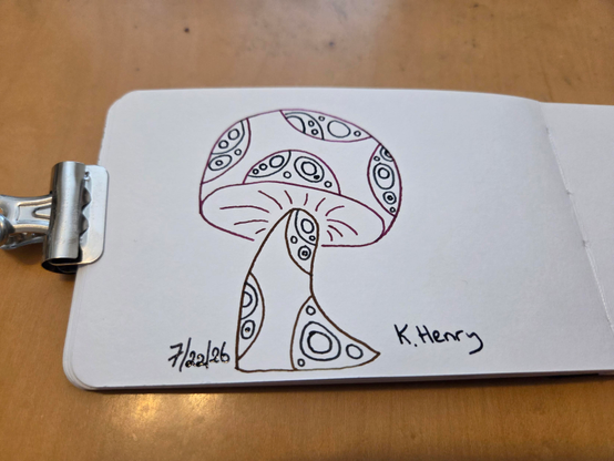 Hand drawn generative/procedural art in ink on an open page of my sketchbook. The abstract pattern looks a bit like a mushroom with spots on it's stem and cap.