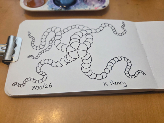 Hand drawn generative/procedural art in ink on an open page of my sketchbook. The abstract pattern looks a bit like a sea star with squirmy arms.