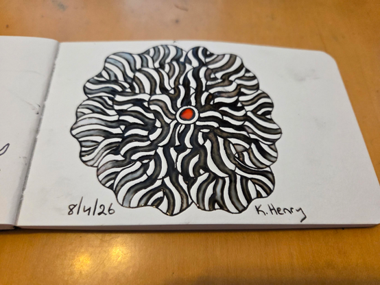 Hand drawn generative/procedural art in ink on an open page of my sketchbook. The abstract pattern is floral with smoky colors.